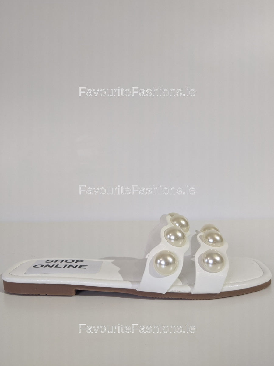 White Pearl Embellished Flat Mule Sandals FavouriteFashions.ie