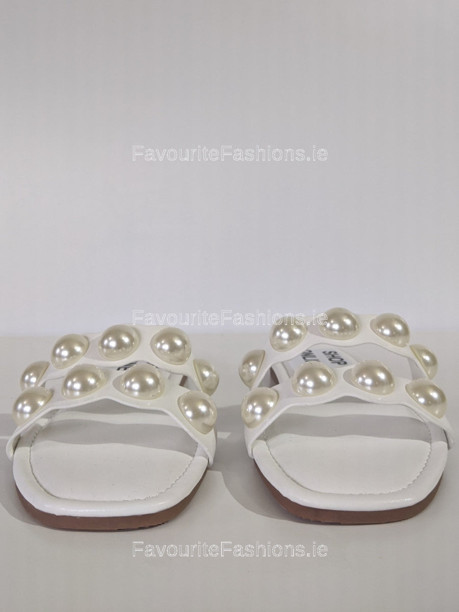 White Pearl Embellished Flat Mule Sliders