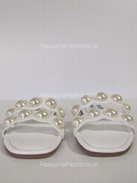 White Pearl Embellished Flat Mule Sliders