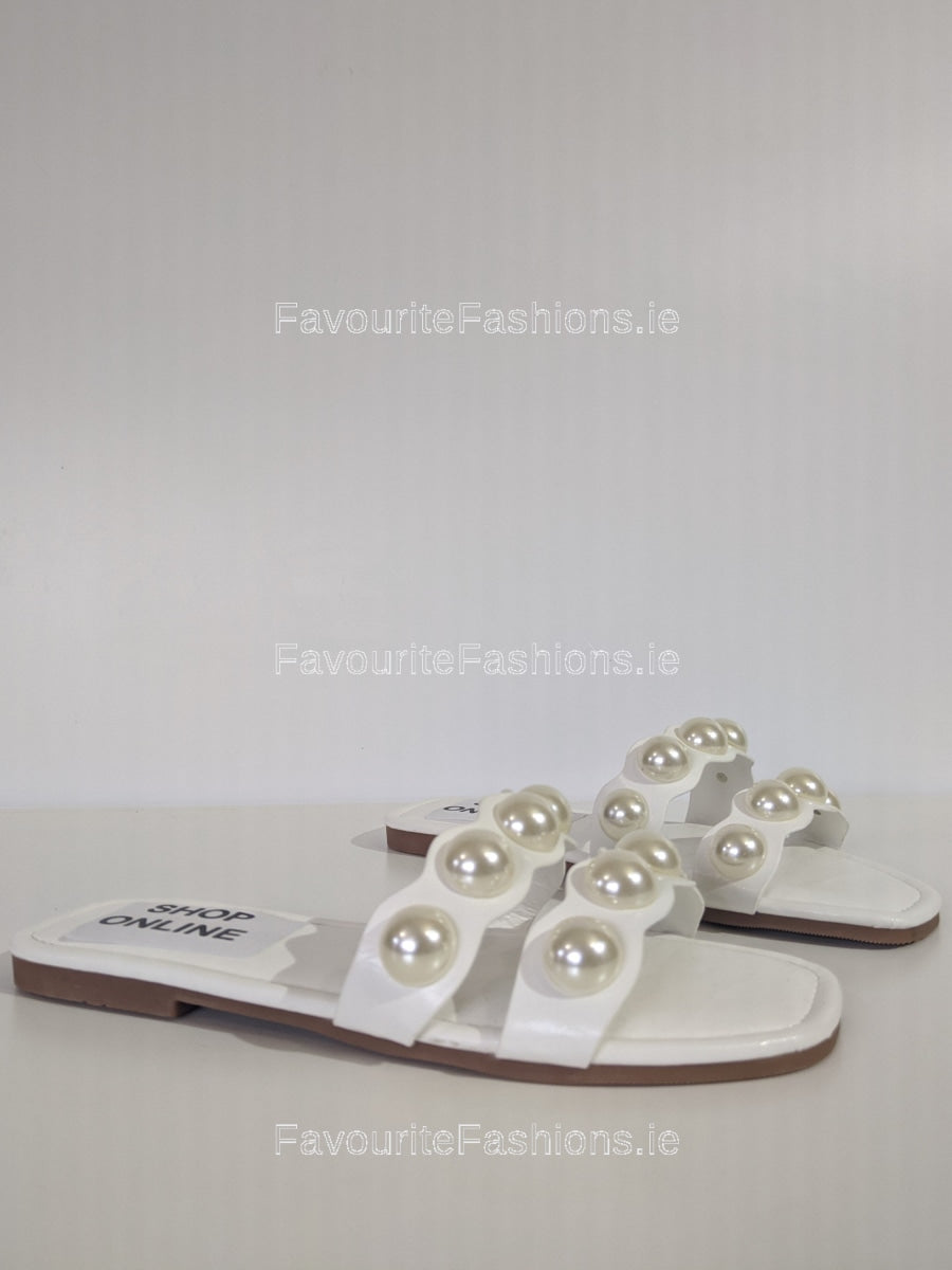 White Pearl Embellished Flat Mule Sandals FavouriteFashions.ie