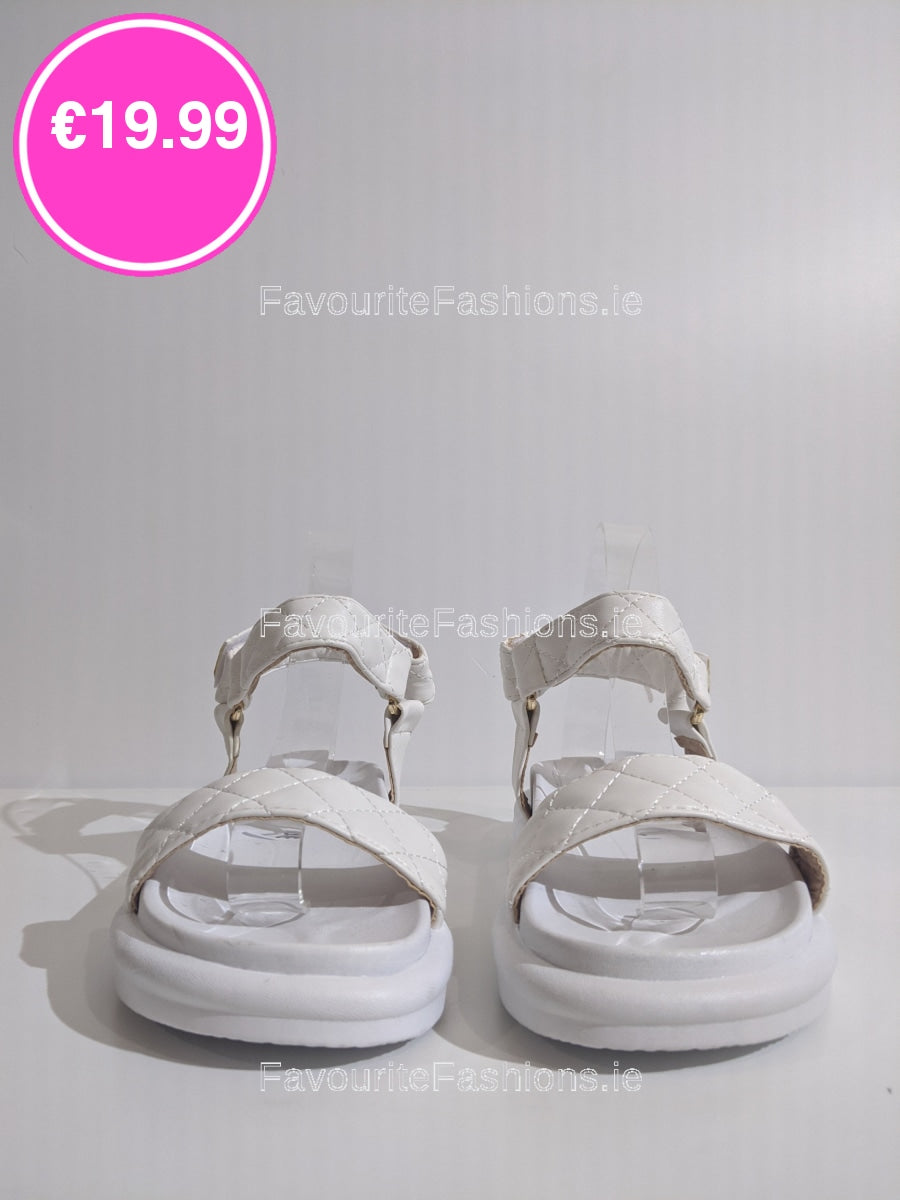 White Quilted Velcro Strap Chunky Platform Sandal