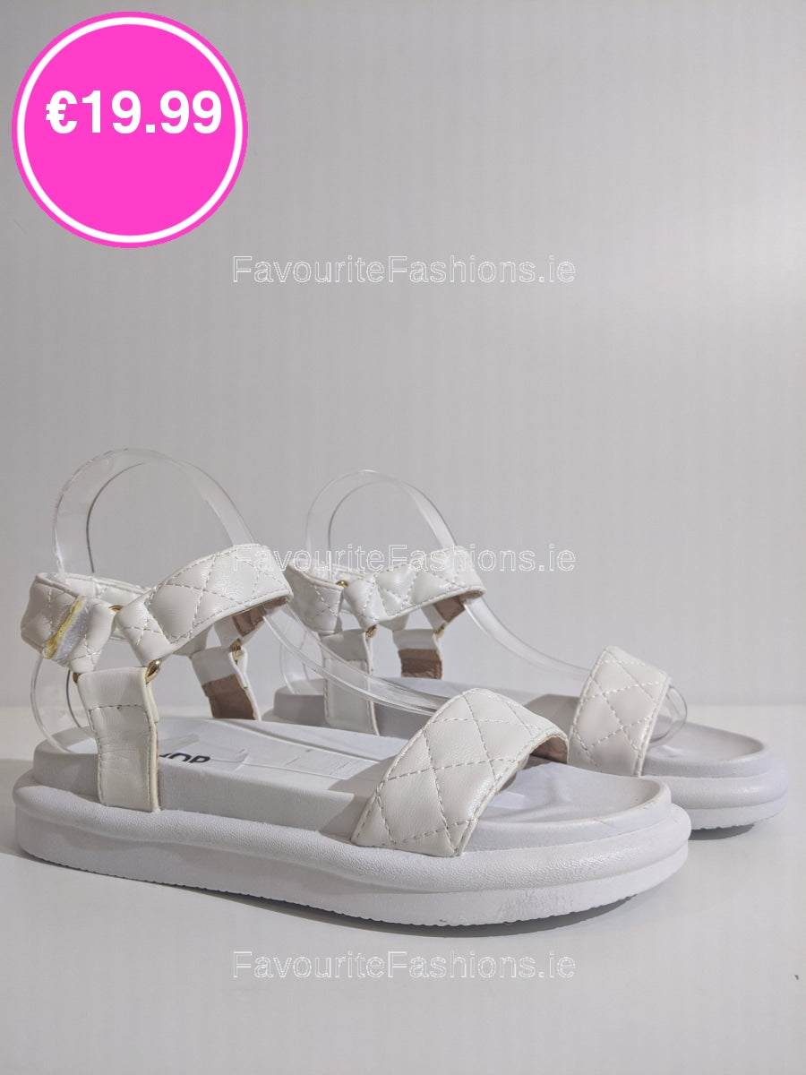 White Quilted Velcro Strap Chunky Platform Sandal