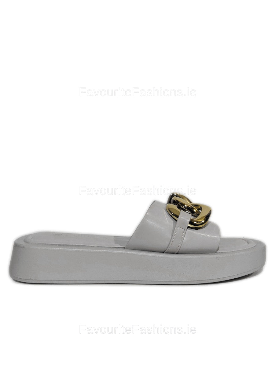 White Thick Sole Platform Sliders with Gold Buckle 