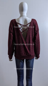 Wine Ribbed Cross-Back Top Jumper