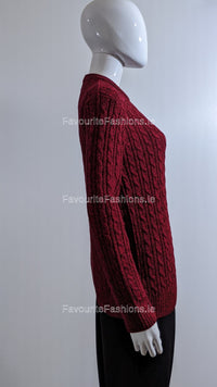 Wine Round Neck Cable Knit Jumper